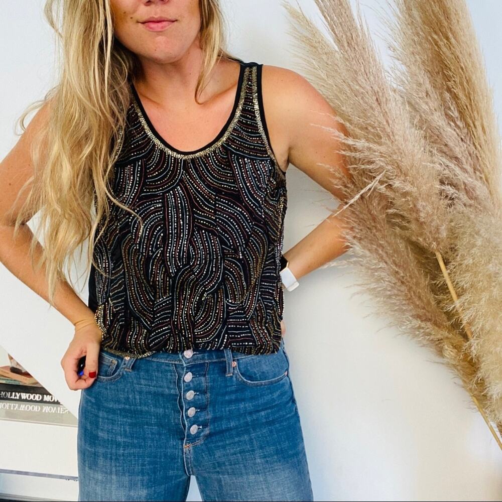 NEW PATTERSON Black Silver Gold Sheer Sequin Tank Top Shirt Sleeveless Blouse XS